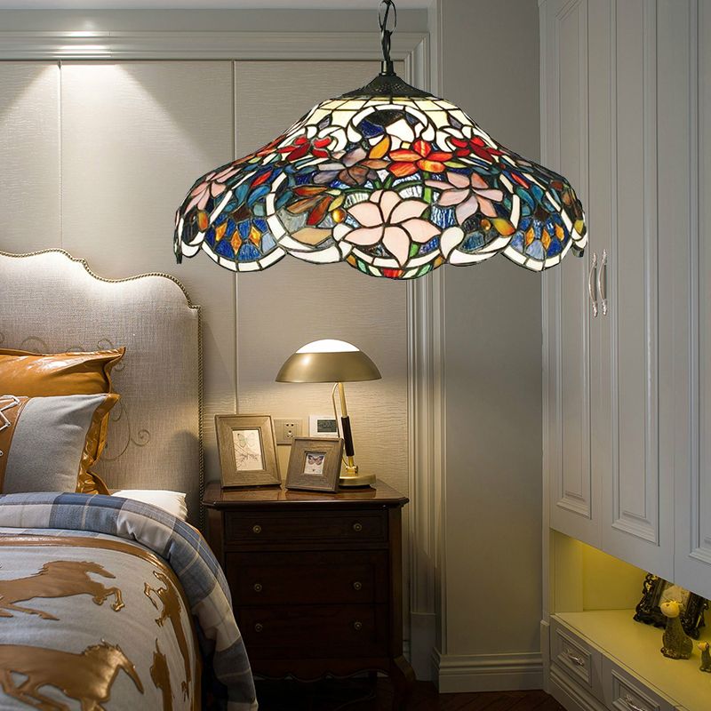 Floral Hanging Light Tiffany-Style Stained Glass 1 Bulb Black Pendant Light Fixture with Adjustable Metal Chain
