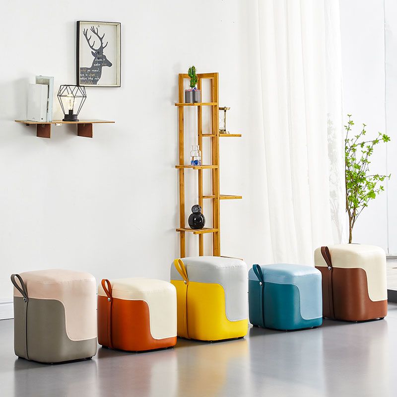 Modern Square Pouf Fade Resistant Contrast Color Faux Leather Pouf Ottoman