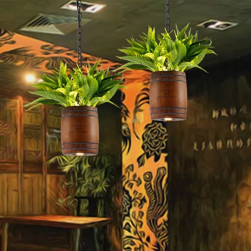 Bucket Wood Pendant Light Fixture Industrial 1 Head Dining Room Ceiling Lamp in Coffee with Plant Deco