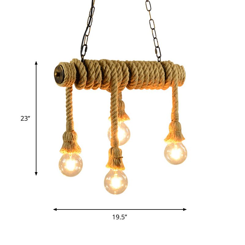 Open Bulb Dining Room Island Lamp Rope 4 Lights Industrial Style Hanging Island Light in Beige