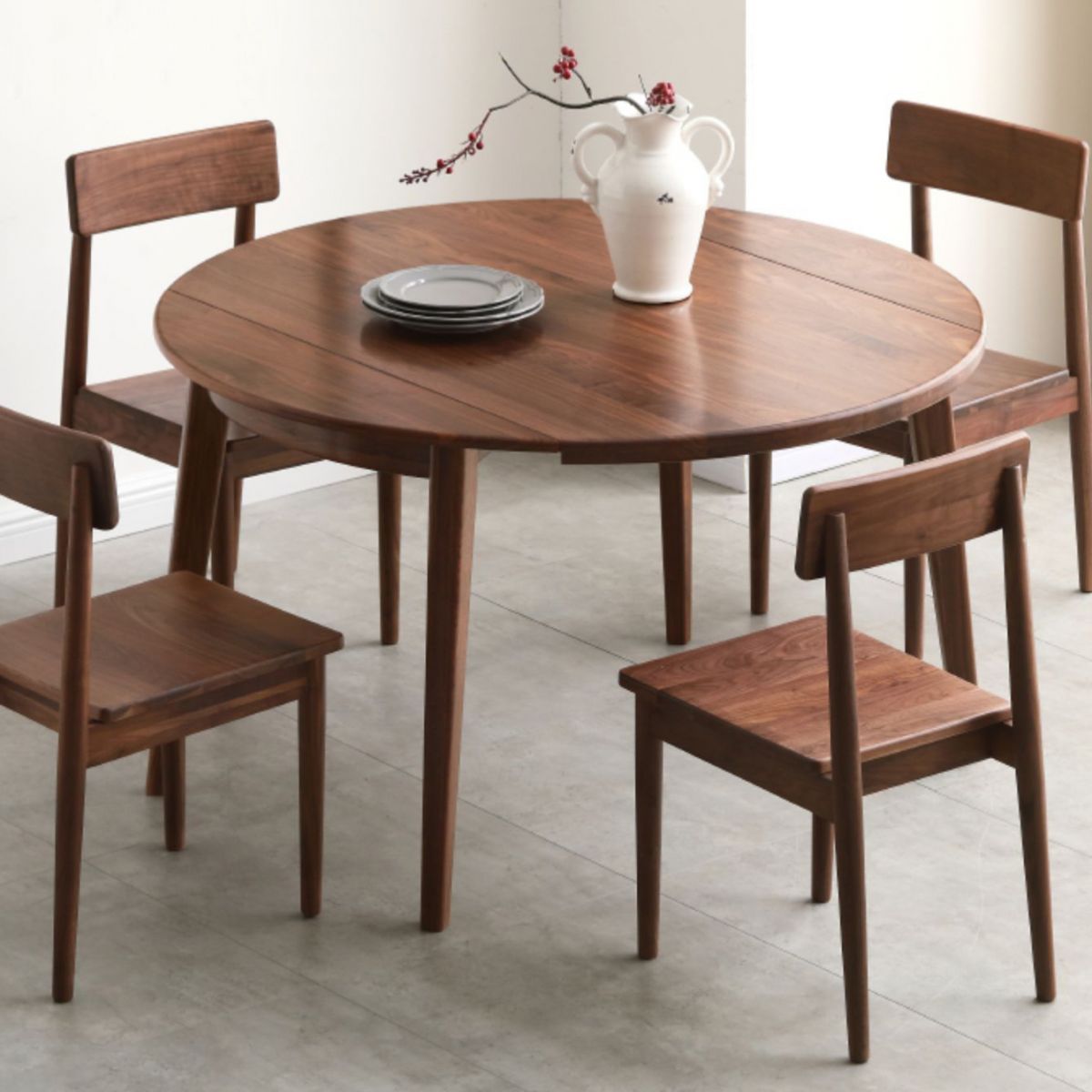 Modern Round Retractable Walnut Top Dining Table with 4 Brown Legs