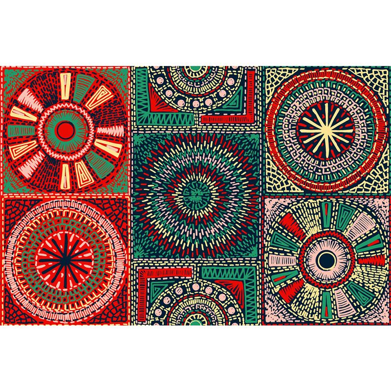 Bohemian Style Floral Wall Mural Red-Yellow-Green Mandala Pattern Wall Art, Customized Size