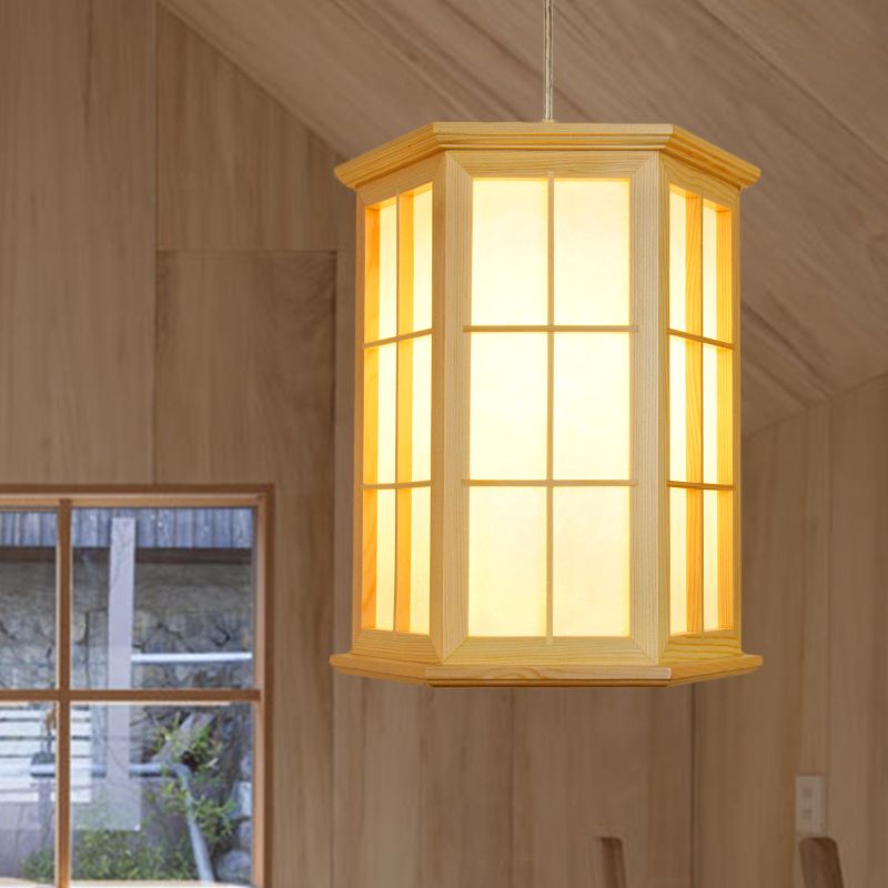 Wood Hexagon Pendulum Light Japanese Style 1-Head Hanging Ceiling Lamp in Beige for Tea Room