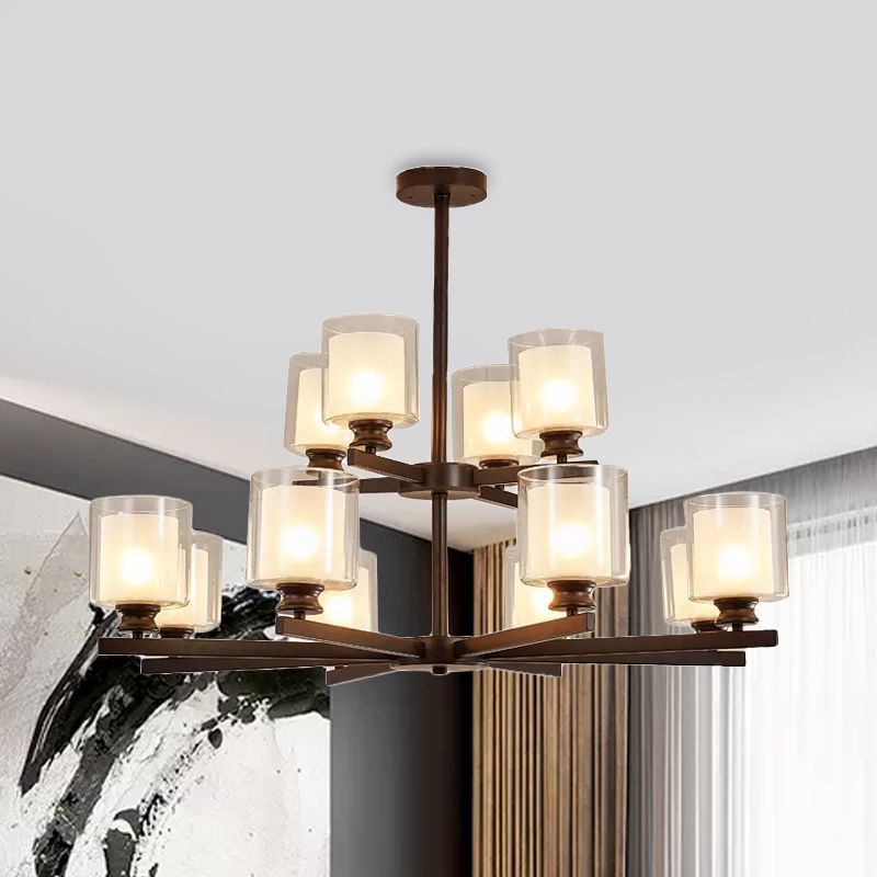 2-Tier-Zylinder weißer Glaskronleuchter mit radialem Design modernistischer 12 Lichter Schwarz/Gold/Splitter hängende Leuchte