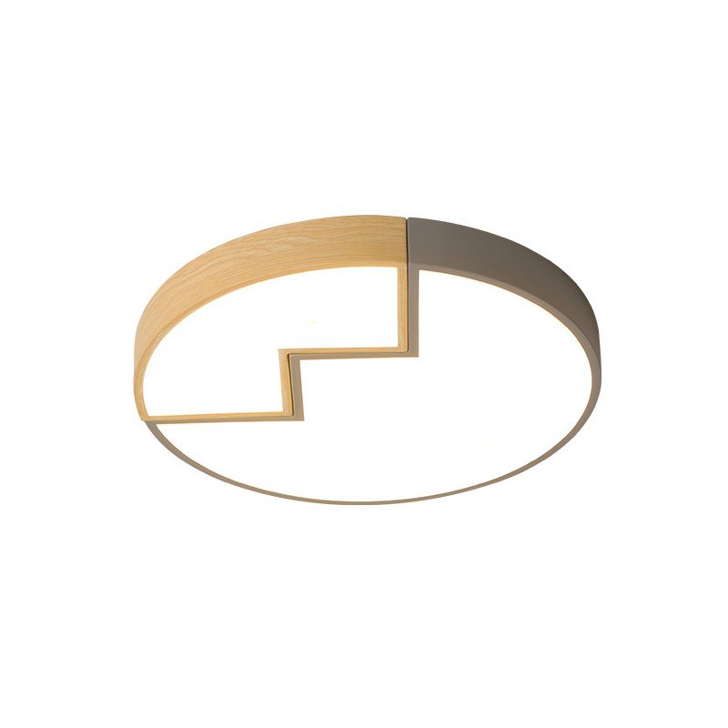 Splicing Round Bedroom Flush Lighting Iron LED Macaron Flush Mounted Lamp in Grey/Green and Wood