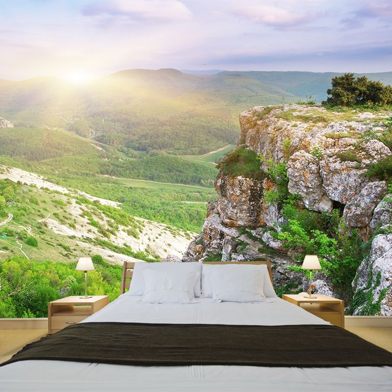 Large Mountain Peak Landscape Mural Blue-Green Non-Woven Wall Art, Washable, Custom Print