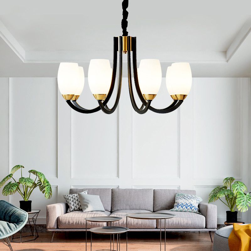 Swooping Arm Chandelier Traditional White Frosted Glass Hanging Light Fixture for Living Room