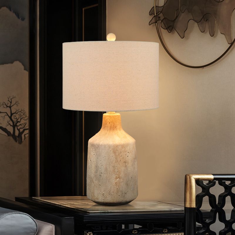 Minimalist Jar Nightstand Light Cement 1-Light Bedside Table Lighting with Drum Fabric Lampshade in White