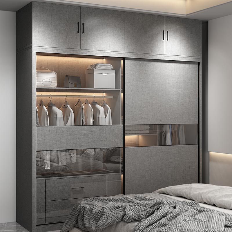 Modern Style Glass Wardrobe Gray Colour Soft Close Drawer Wardrobe Closet