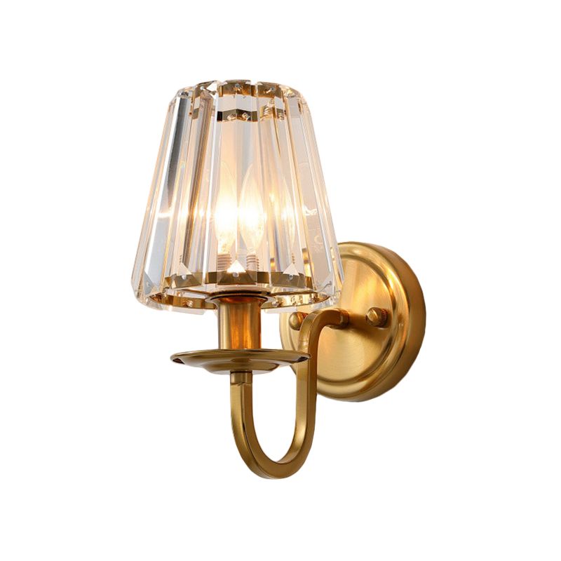 Luz de pared de cono moderna 1 cabezal 1 cabezal apliques de pared de cristal en oro con brazo arqueado
