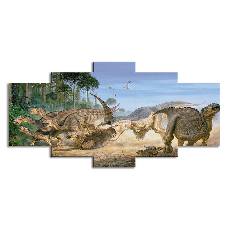 Science Fiction Dinosaur Wall Art Yellow Multi-Piece Canvas Print for Boys Bedroom