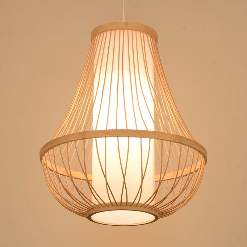 Teardrop Ceiling Light Japanese Bamboo 1 Bulb Wood Pendant Lighting Fixture with Tubular White Parchment Shade