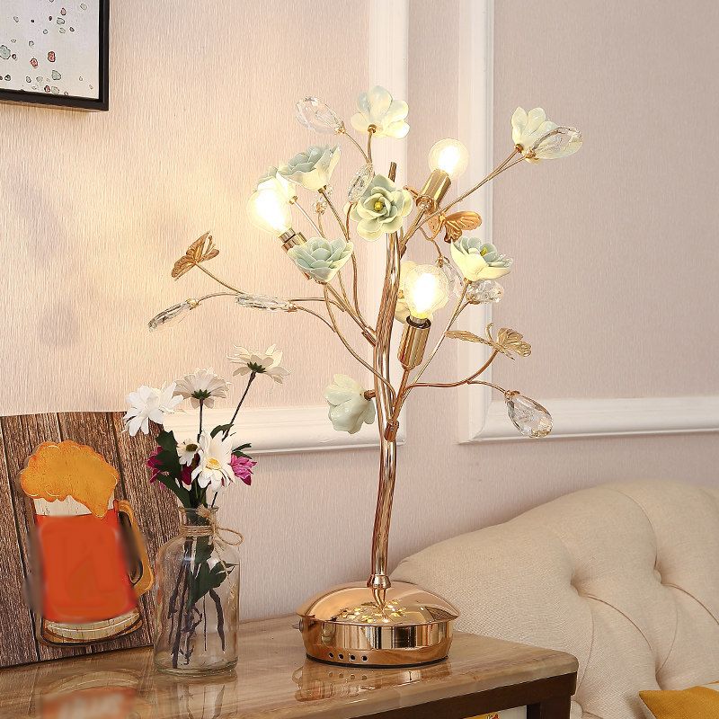 Floral Ceramic Table Light Pastoral Style Living Room Nightstand Lamp with Decorative Crystal