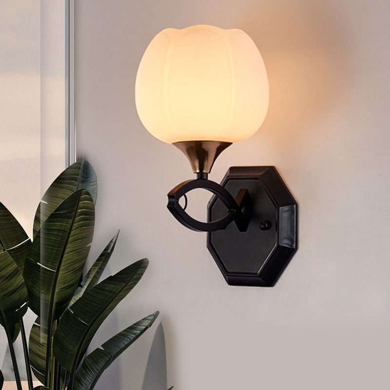 Bud Shape Indoor Wall Sconce Lighting Traditional White Glass 1 Head Black Finish Wall Lamp