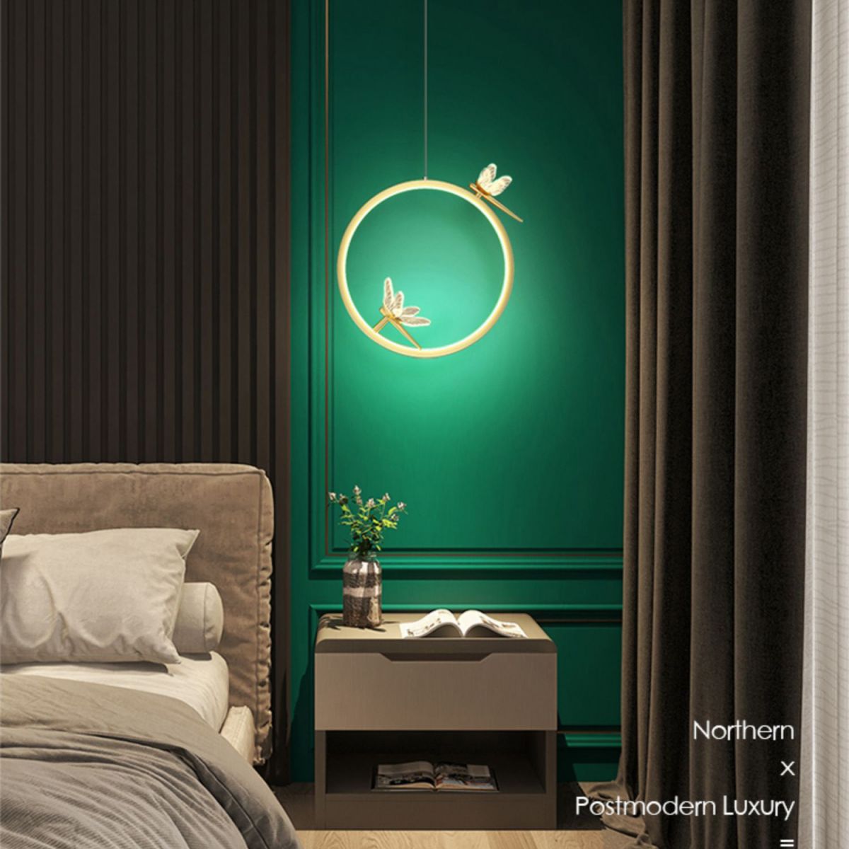 Anillo y libélula Led colgante artística simple acrílico lámpara colgante de la cama colgante