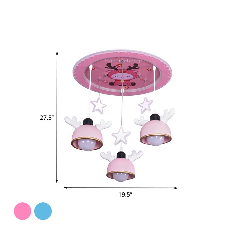Cartoon Deer Resin Flush Mount Lamp 3 Bulbs Ceiling Lighting with Hanging Bowl Lampshade in Pink/Blue
