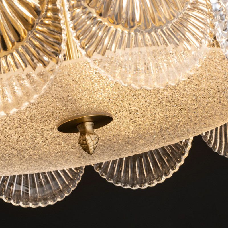 Ribbed Crystal Scalloped Round Chandelier Pendant Light Contemporary Brass Hanging Light