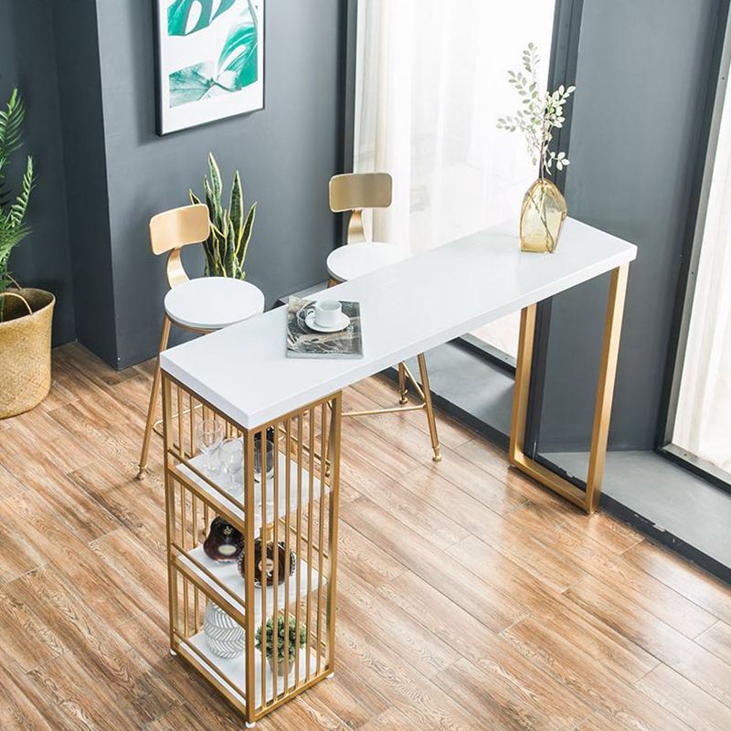 Solid Wood Bistro Table Metal Base Rectangle Bar Height Pub Table with Shelves