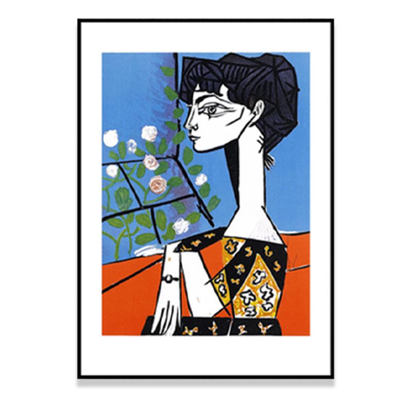 Woman and Flower Wall Art Print Blue Canvas Painting Textured for Living Room (Multiple Sizes)