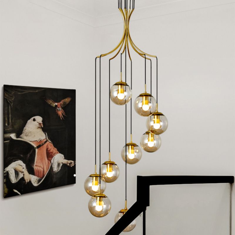 Modern Minimalist Multiple Globe Shade Pendant Light Gold Metal Long Hanging Lamp for Living Room
