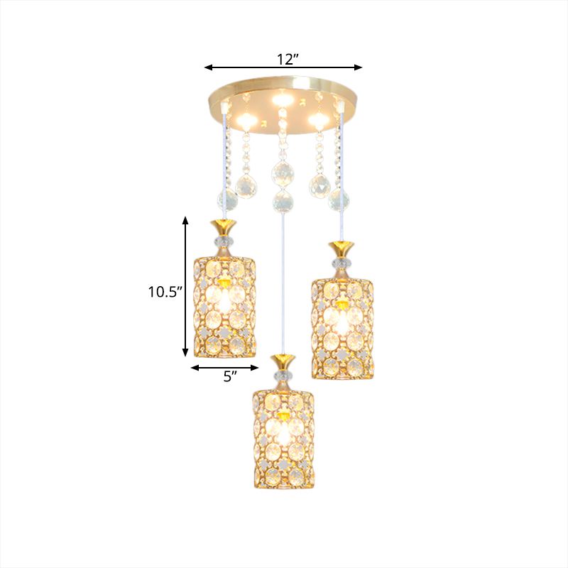 Crystal-Encrusted Cylinder Hanging Lighting Contemporary 3 Bulbs Gold Finish Multi Pendant