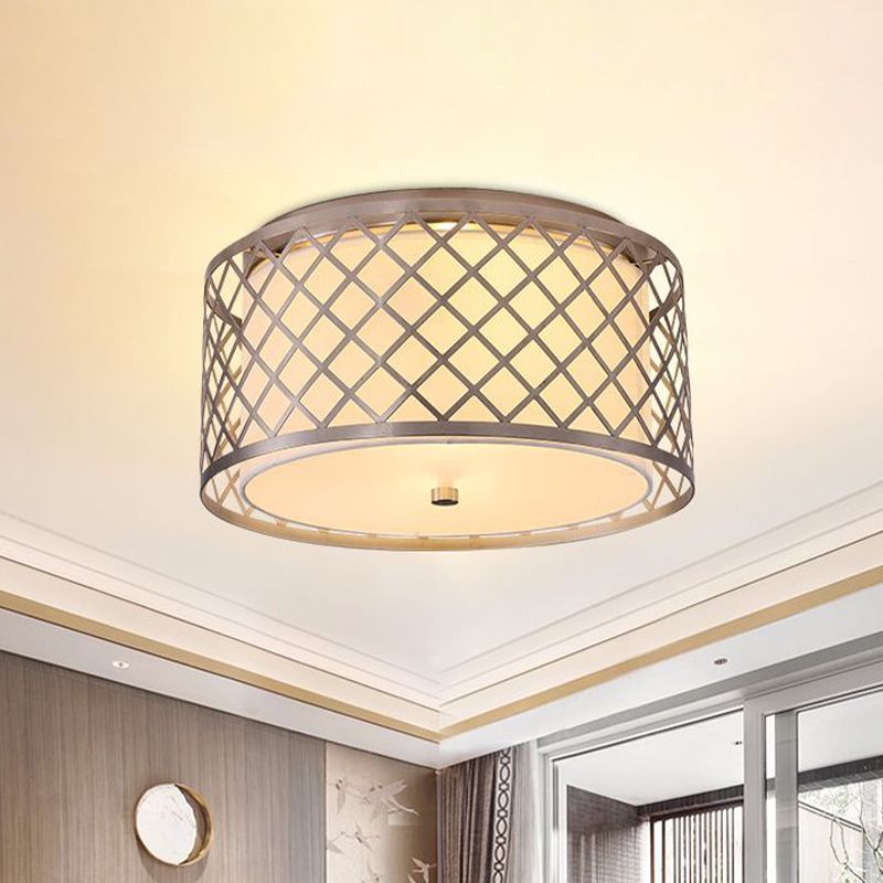 Nickel Crissattraversato Woven Drum Massimale Flush Rustic Tessuto 2 Bulbi Letto Flush montaggio Light Fixture