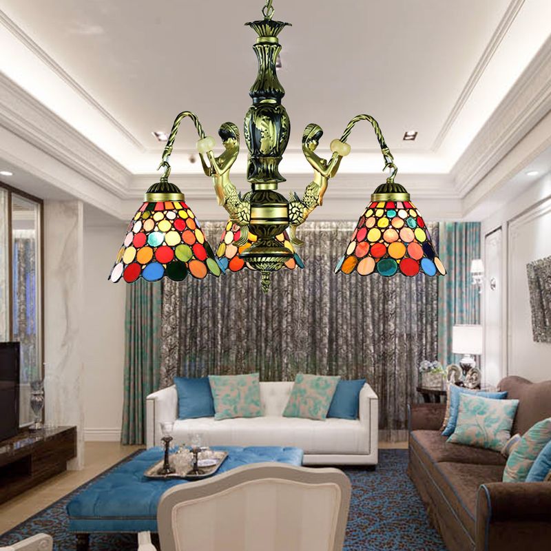 Lampada del lampadario antico Bronzo Bronzo Tiffany 3 Luci colorate in vetro appendere la luce con braccio sirena