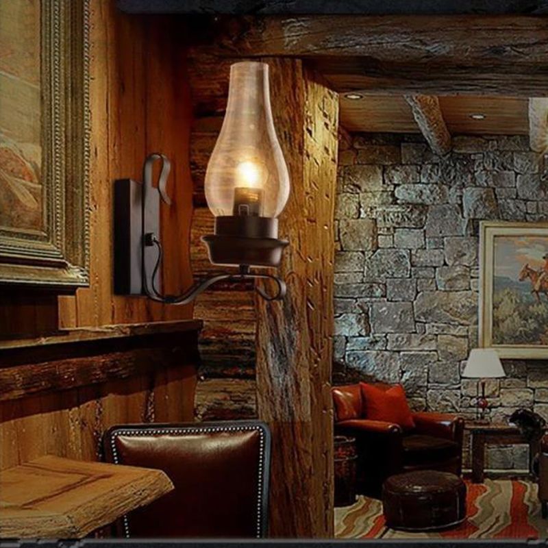 Amplia de pared oxidada en la lámpara de pared de hierro forjado de estilo industrial de estilo vintage con sombra de vidrio ámbar