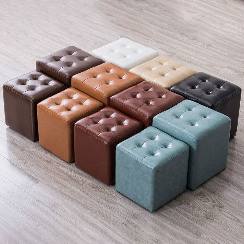 Modern Pouf Ottoman Genuine Leather Tufted Upholstered Solid Color Ottoman