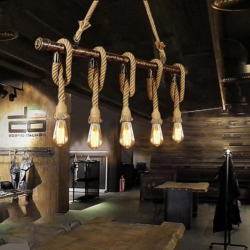 Verstelbaar touw blootgesteld eilandlicht retro industrieel 5/6-licht restaurant eiland plafondlicht in beige/lichtgeel