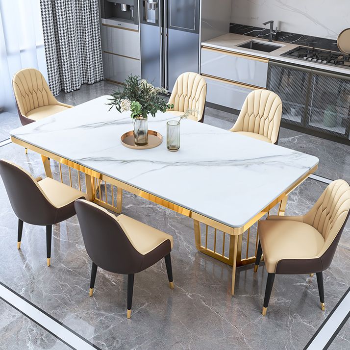 Minimalist Style Sintered Stone Dining Table with Fixed Table and Double Pedestal Base