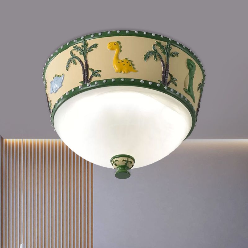 Bowl Opal Glass Ceiling Lamp Kids Blue/Yellow LED Flush Mount with Dinosaur and Tree Pattern in White/Warm Light