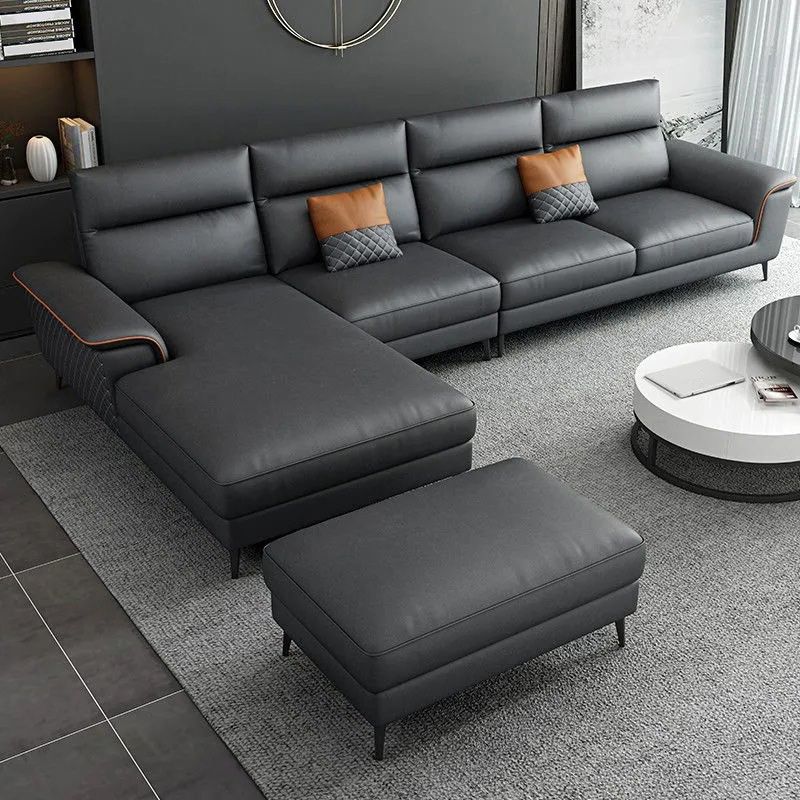 Modern 4-Seater Pillow Top Arm Sofa Faux Leather Sofa with Chaise - 129.9" W