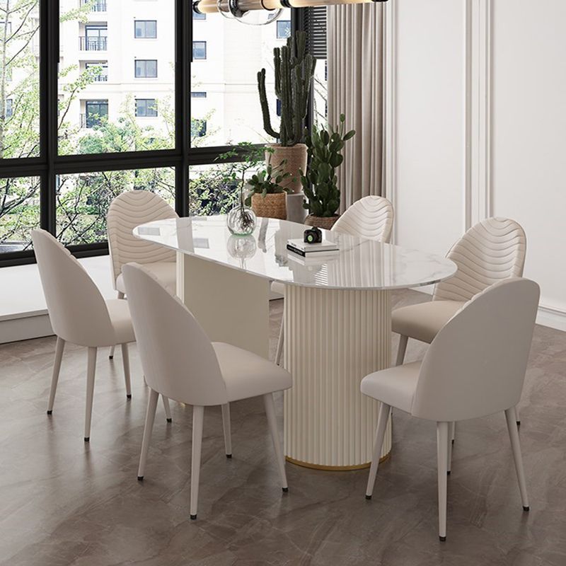 Modern Oval Dining Table Stone and Metal Double Pedestal Dining Table in White