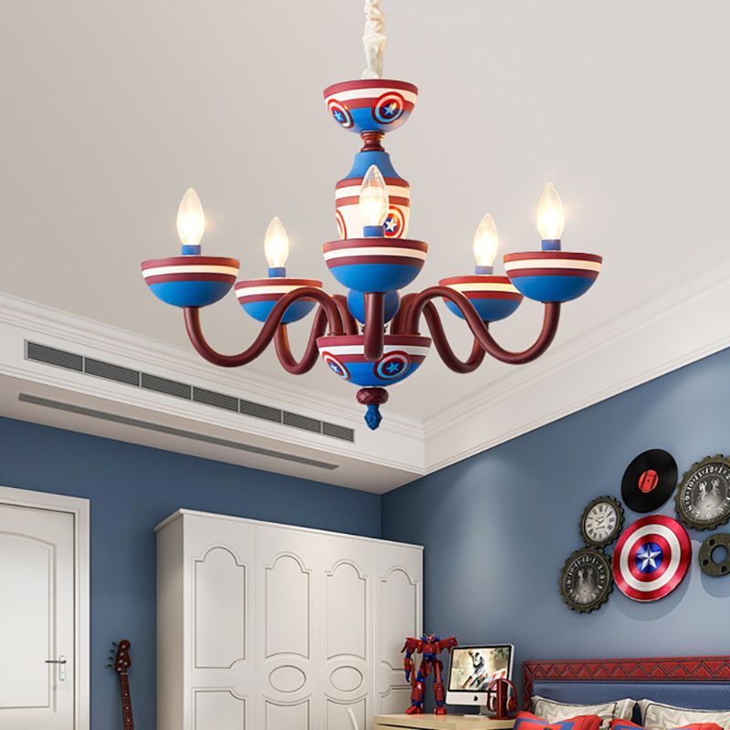 American Stylish Candle Pendant Light Metallic Chandelier in Blue&Red for Boys Bedroom