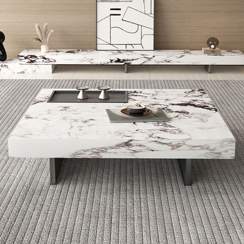 Glam Square Slate Coffee Table Stainless Steel Sled Cocktail Table