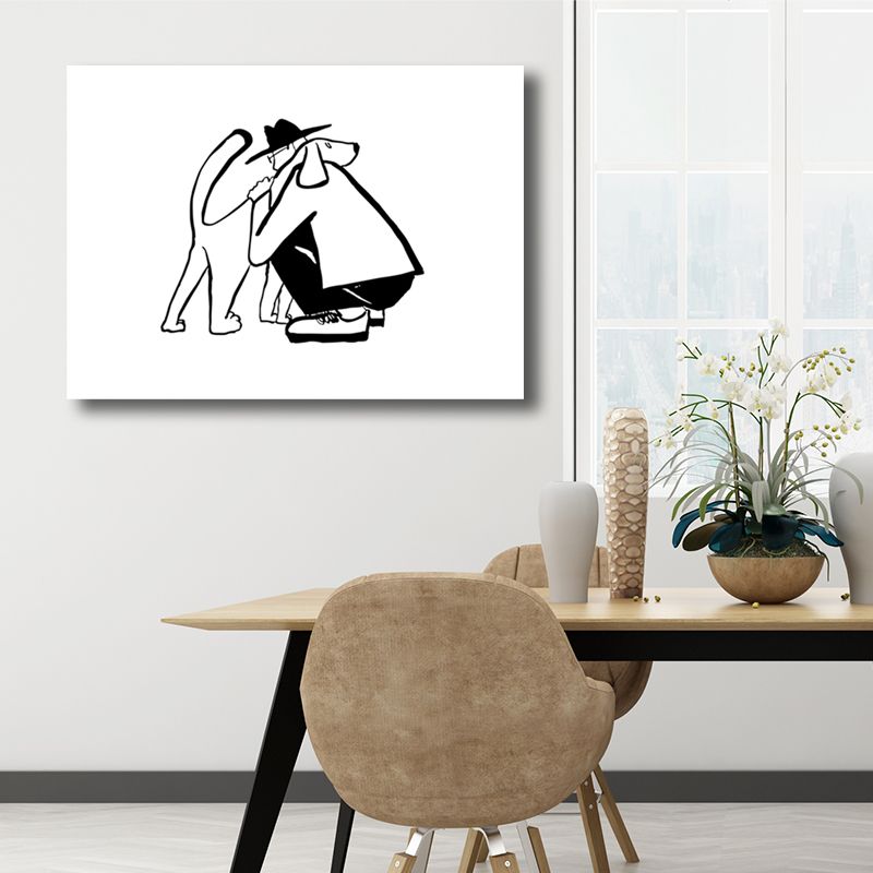 Pencil Figure Wall Art Decor Simple Comic Man Hug His Dog Canvas Print in Black and White