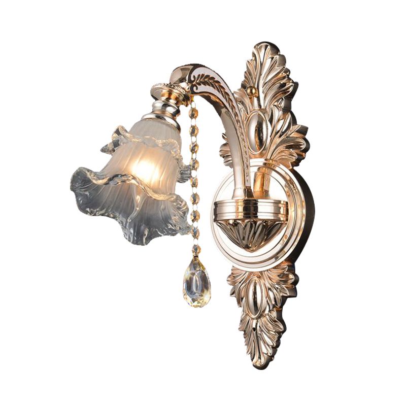 1/2 Lights Crystal Wall Sconce Traditionalist Gold Flower Living Room Wall Mounted Light