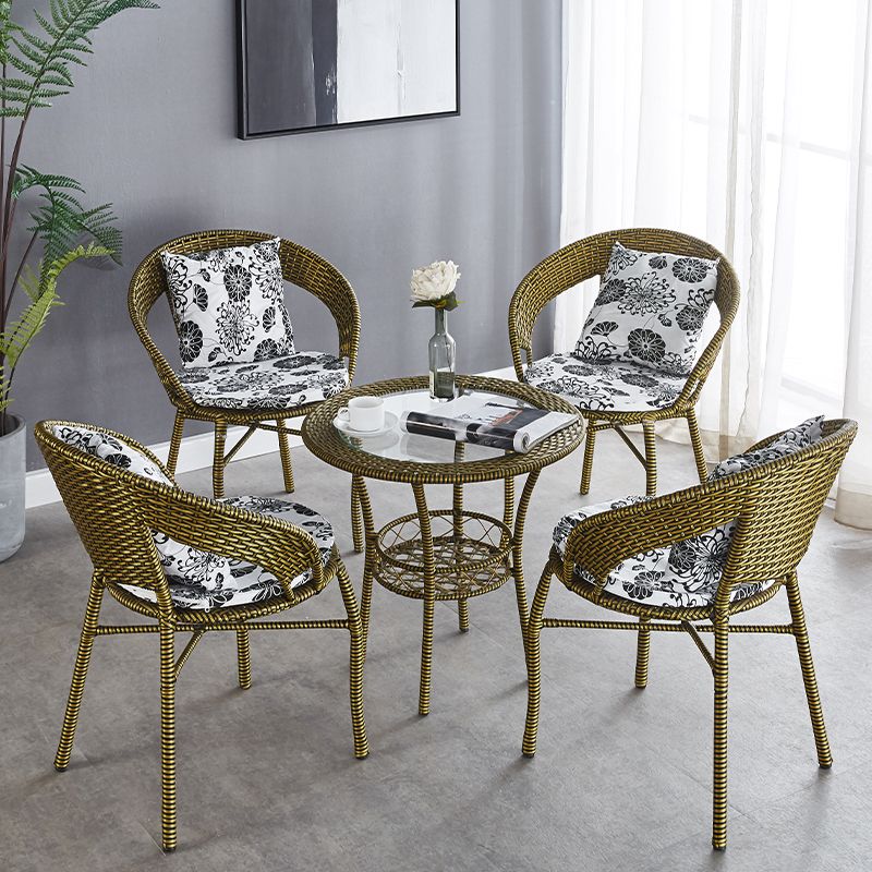 Glass Dining Table Set with Armless Rattan Chair for Courtyard