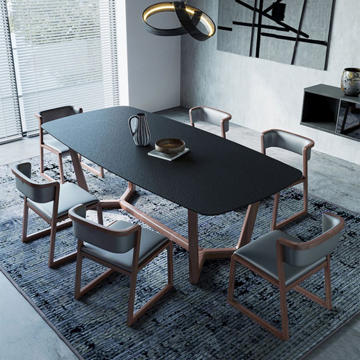 Modern Sintered Stone Dining Table Set Rectangular Dining Table with Solid Wood Base