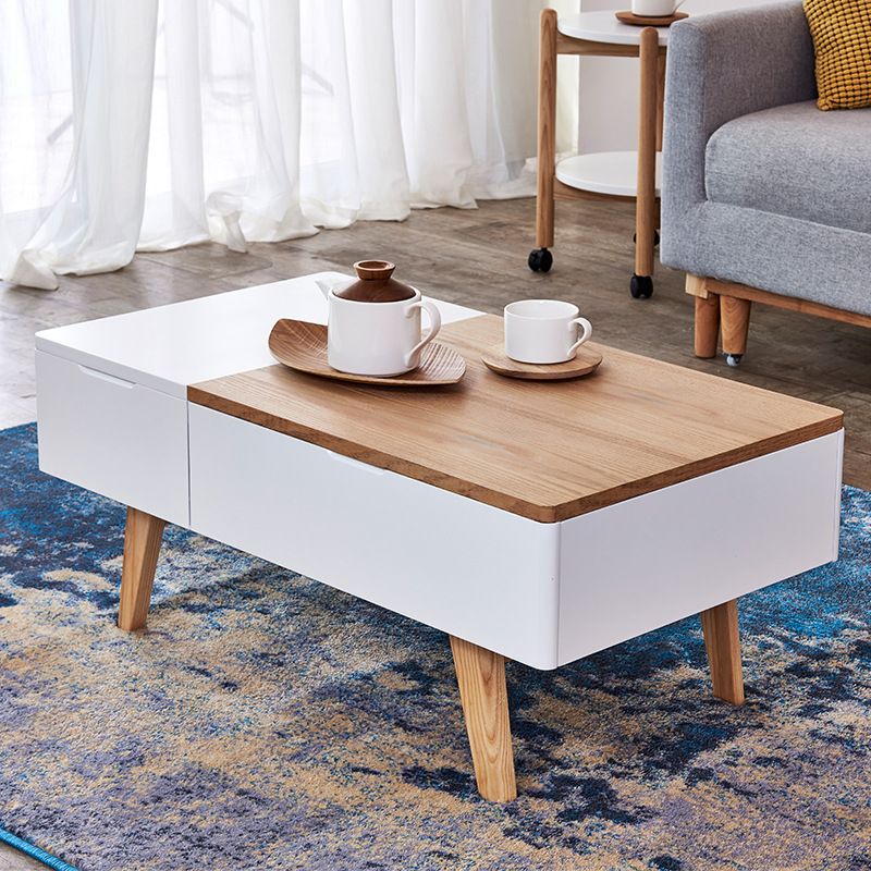 Retangular Natural Wood 4 Legs Coffee Table 1 Single Modern Cocktail Table with Drawers