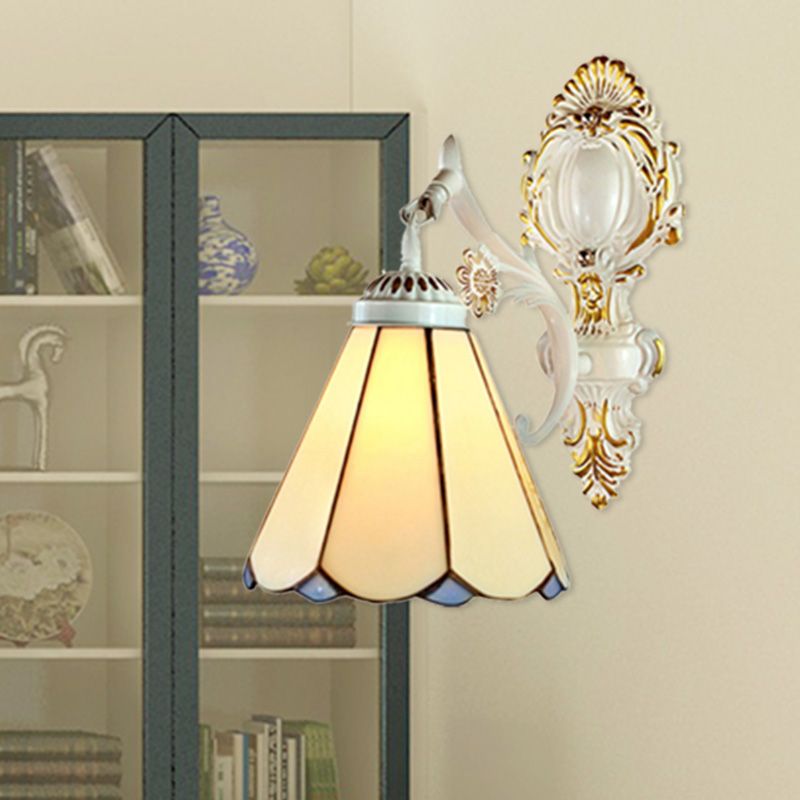 Conical Wall Sconce Light Traditional Beige Glass 1 Light Wall Lighting in White Finish for Bedroom