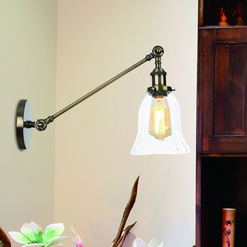 Black/Bronze/Brass 1 Light Wall Lighting Fixture Vintage Clear Glass Bell Sconce with Arm, 8"/12" Long