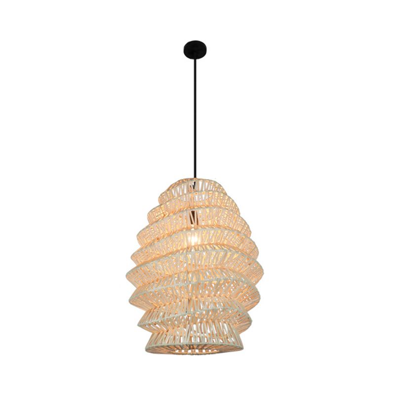 Rural Woven Lantern Pendulum Light Bamboo 1-Head Tea Room Hanging Lamp Kit in Beige