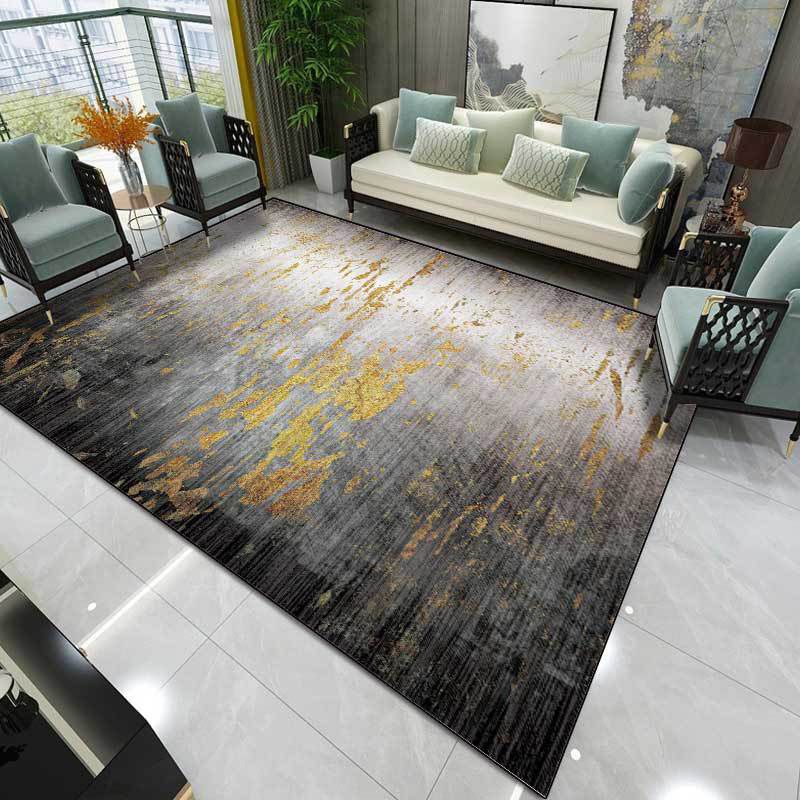 Creative Abstract Rug Black and Golden Contemporary Rug Polyester Washable Anti-Slip Backing Carpet for Living Room