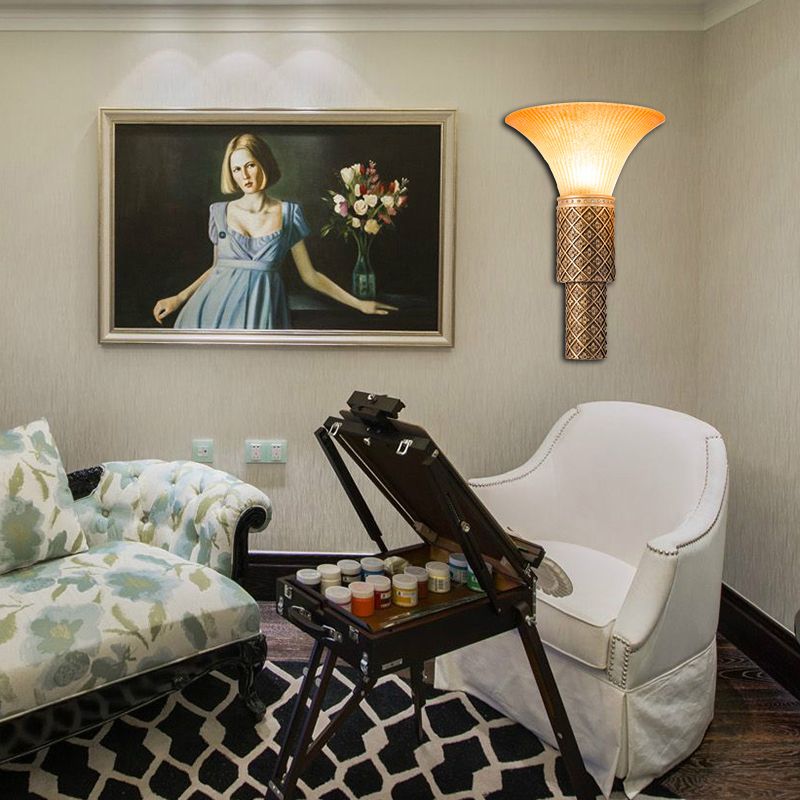 1 Light Wall Light Sconce with Bell Shade Yellow Glass and Resin Lodge Style Living Room Wall Lamp in Gold