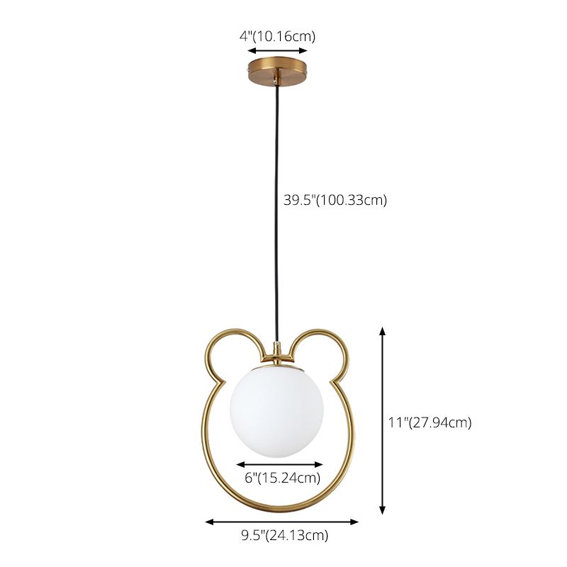 Nordic Minimalism Little Bear Lines Frame Hanging Light with White Glass Ball Shade Mini Pendant Fixtures for Bedside