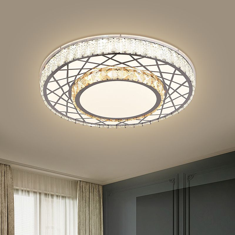 LED Clear Beveled Crystal Blocks Light Fixture Modern Stainless-Steel Round Great Room Flush Mount Fixture