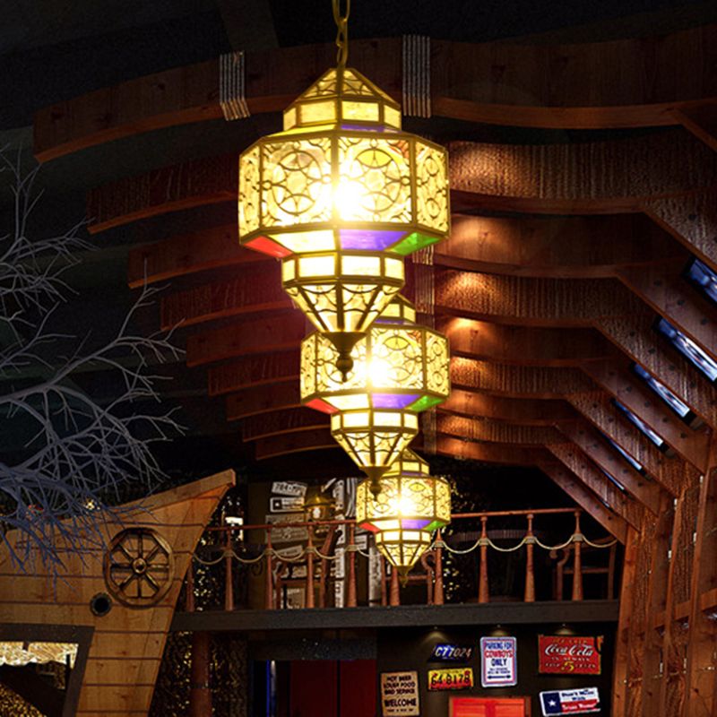 Metallic Brass Pendant Light Lantern 1-Head Southeast Asia Hanging Lamp with Clear Glass Shade