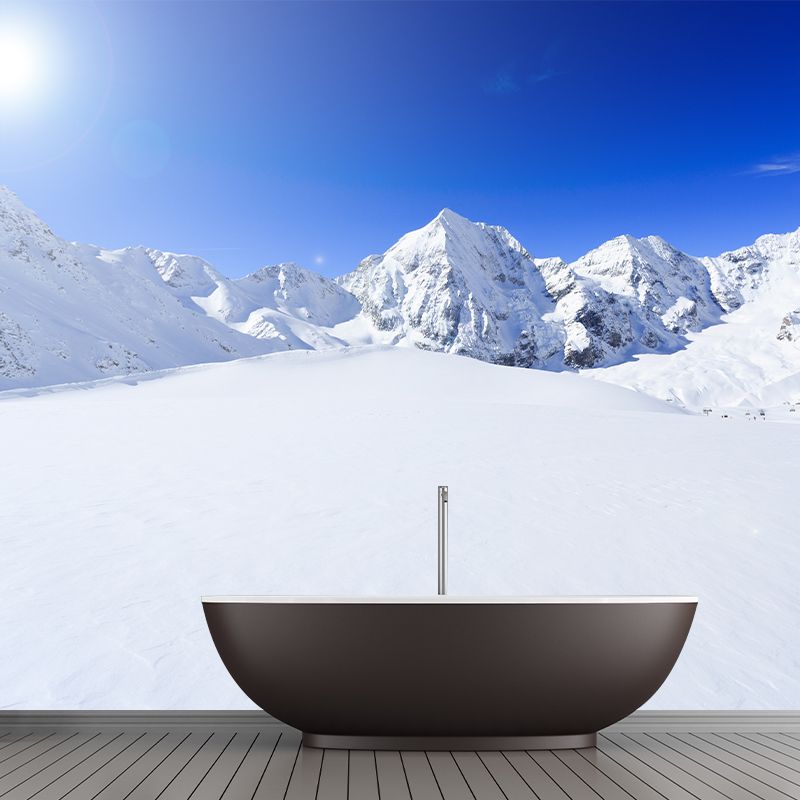 Blue-White Modern Style Mural Large Sun over Snowy Mountain Wall Art for Living Room